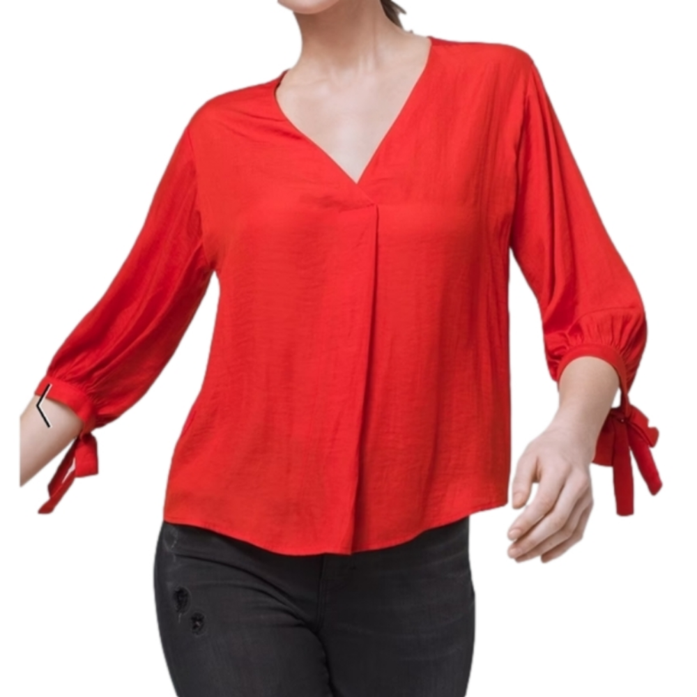 White House Black Market V-Neck Popover Top Blouse Red